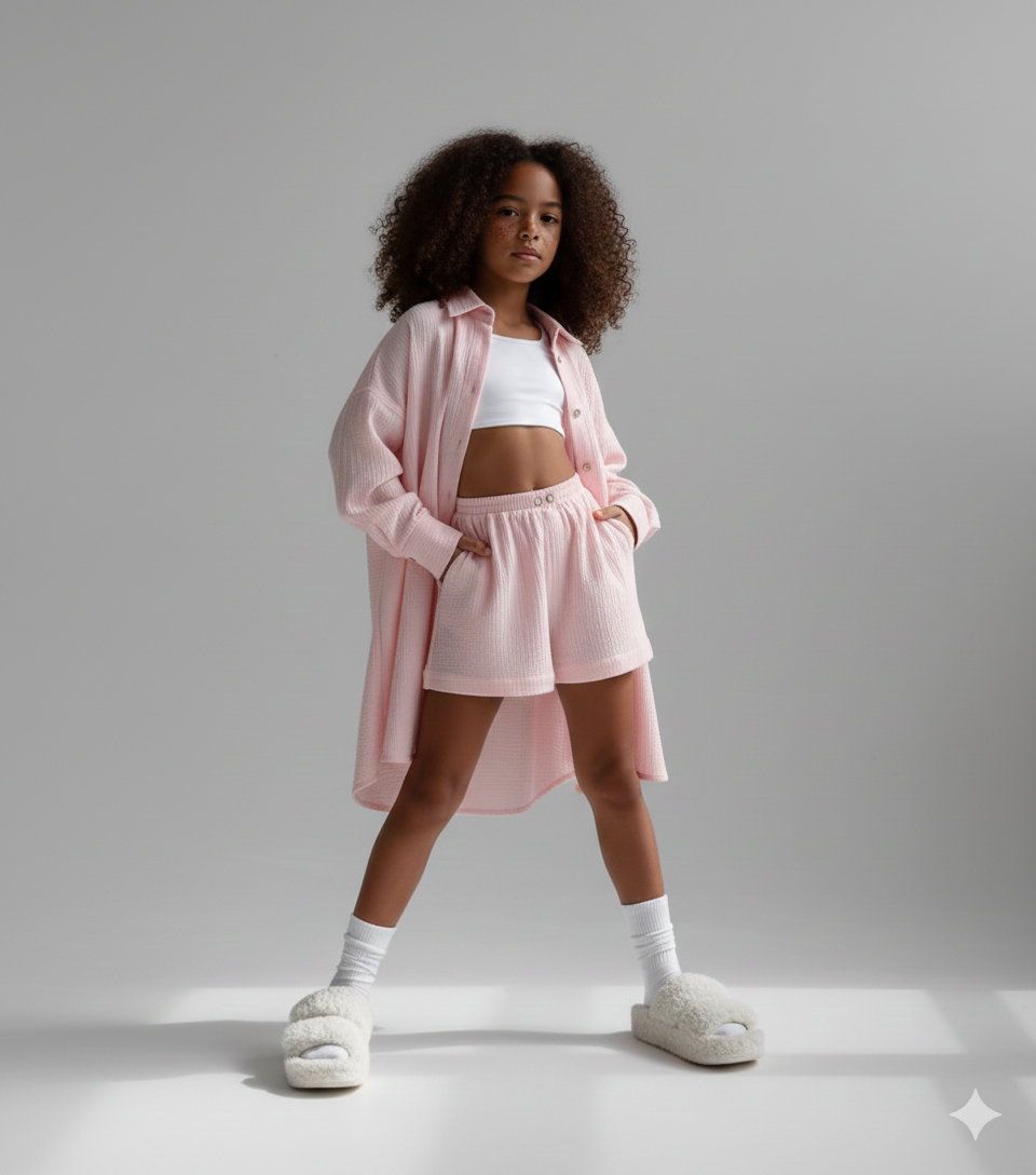 Defne Black Muslin Casual Set for Girls – Oversize Shirt and Shorts