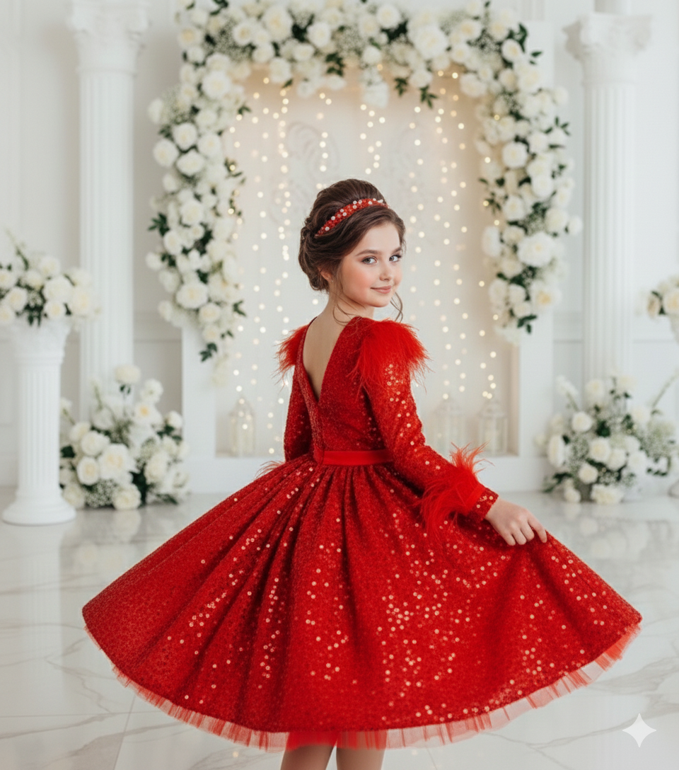 Sierra Elegant Red Gown – Pearl & Sequin Embroidered Lace with Natural Feather Shoulder Accentsierra