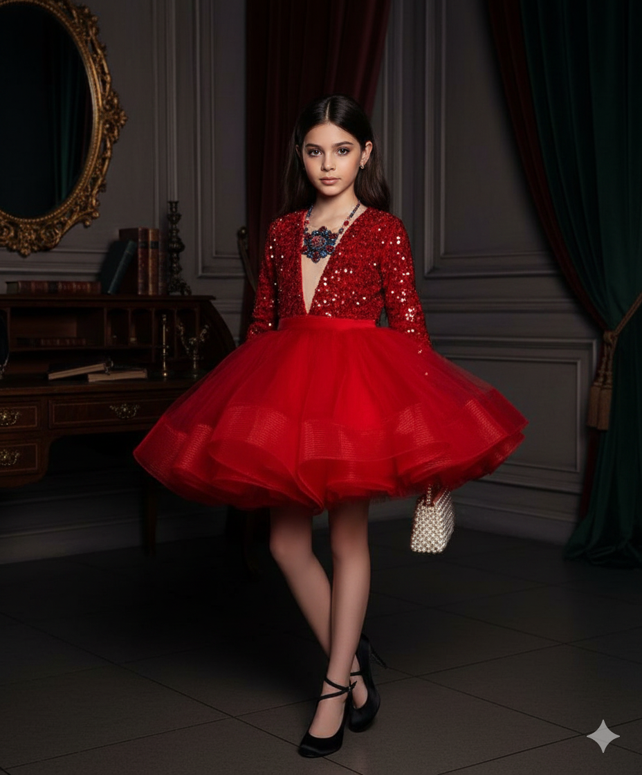 Doria Elegant Red Occasion Dress for Girls – Sequin Velvet and Layered Tulle