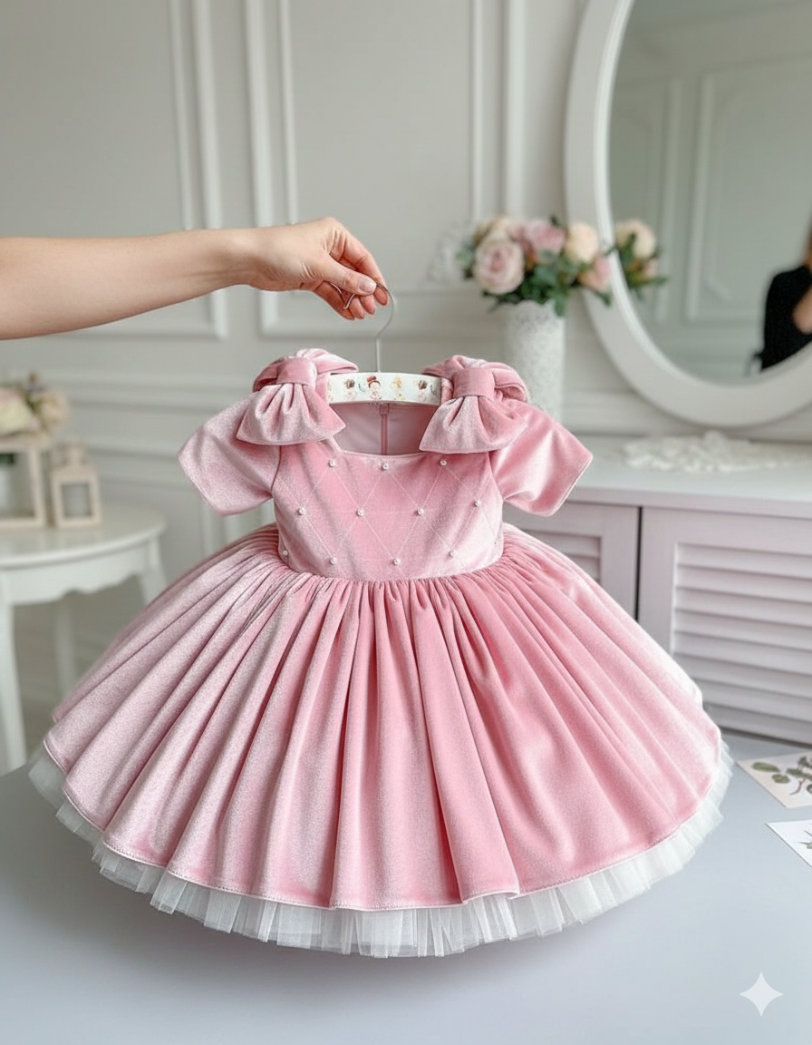 Isabel Elegant Pink Velvet Dress for Girls – Pearl Accents and Tulle Details