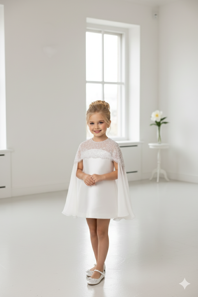 Rhea Elegant White Ceremony Dress – Mikado Taffeta and Embroidered Lace with Pearls