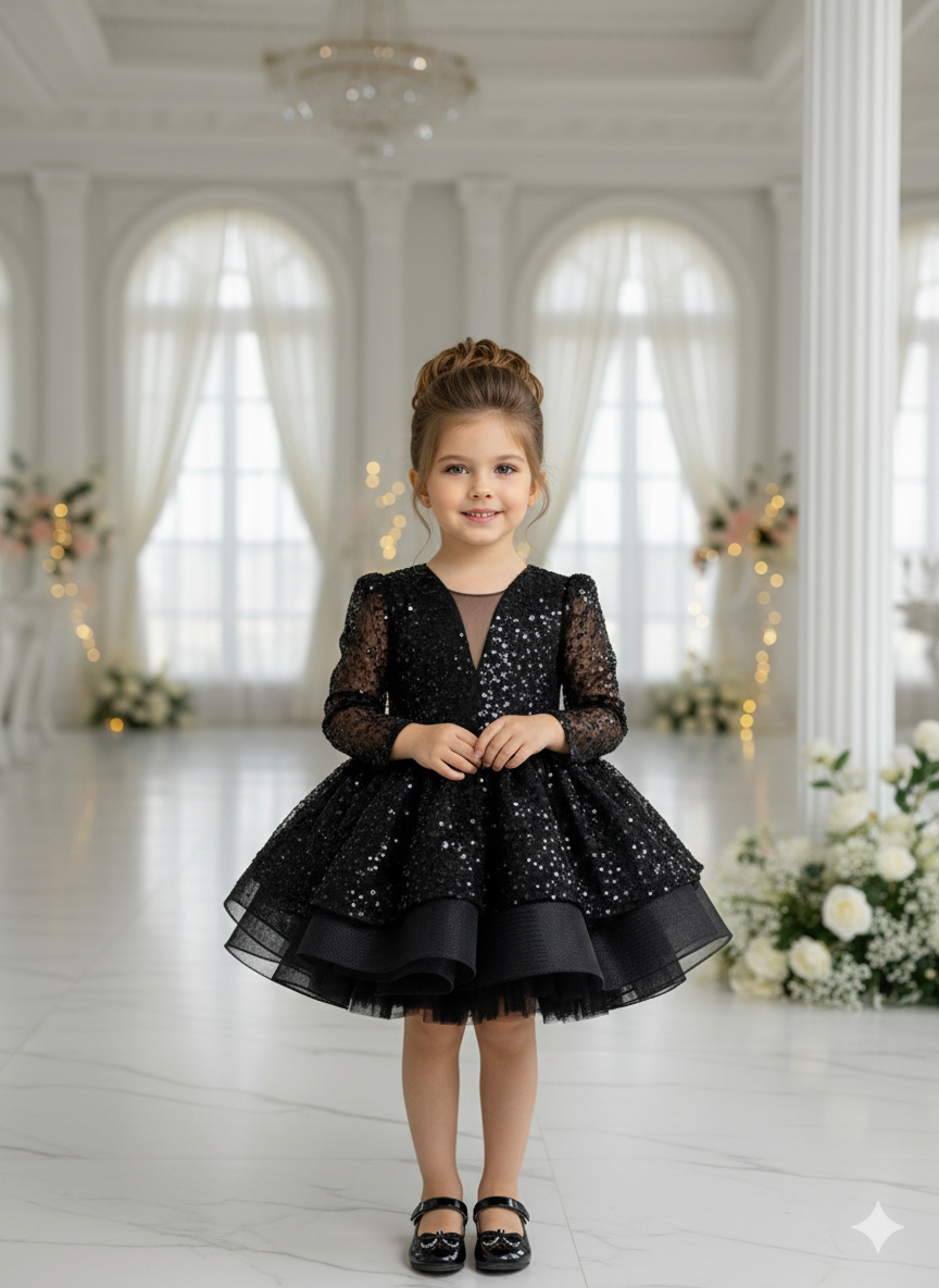 Julieta Elegant Black Gown – Long-Sleeved Black Lace Embroidered with Pearls and Sequins