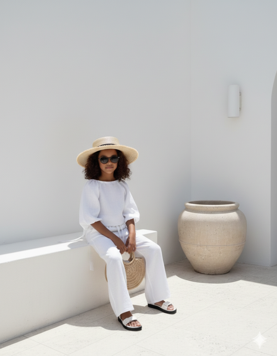 Isla Elegant White Linen Set for Girls – Flared Trousers and Chic Blouse