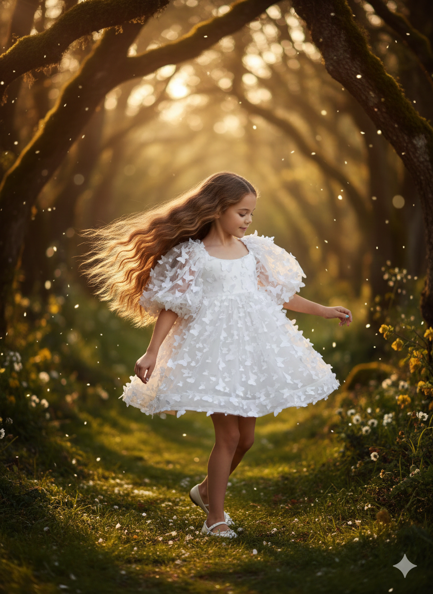 Marta Elegant White Butterfly Dress for Girls – Layered Tulle and Puff Sleeves