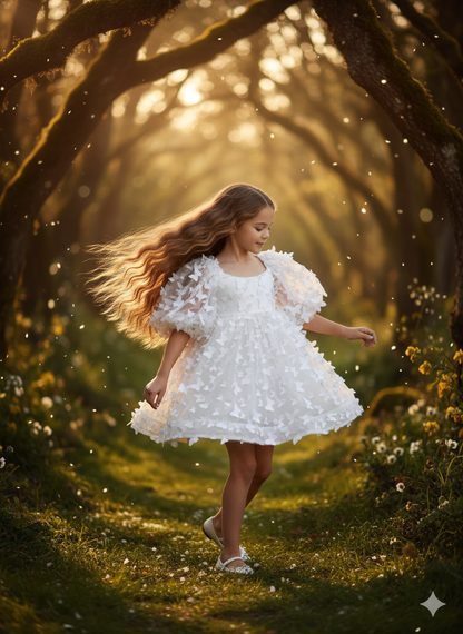 Marta Elegant White Butterfly Dress for Girls – Layered Tulle and Puff Sleeves