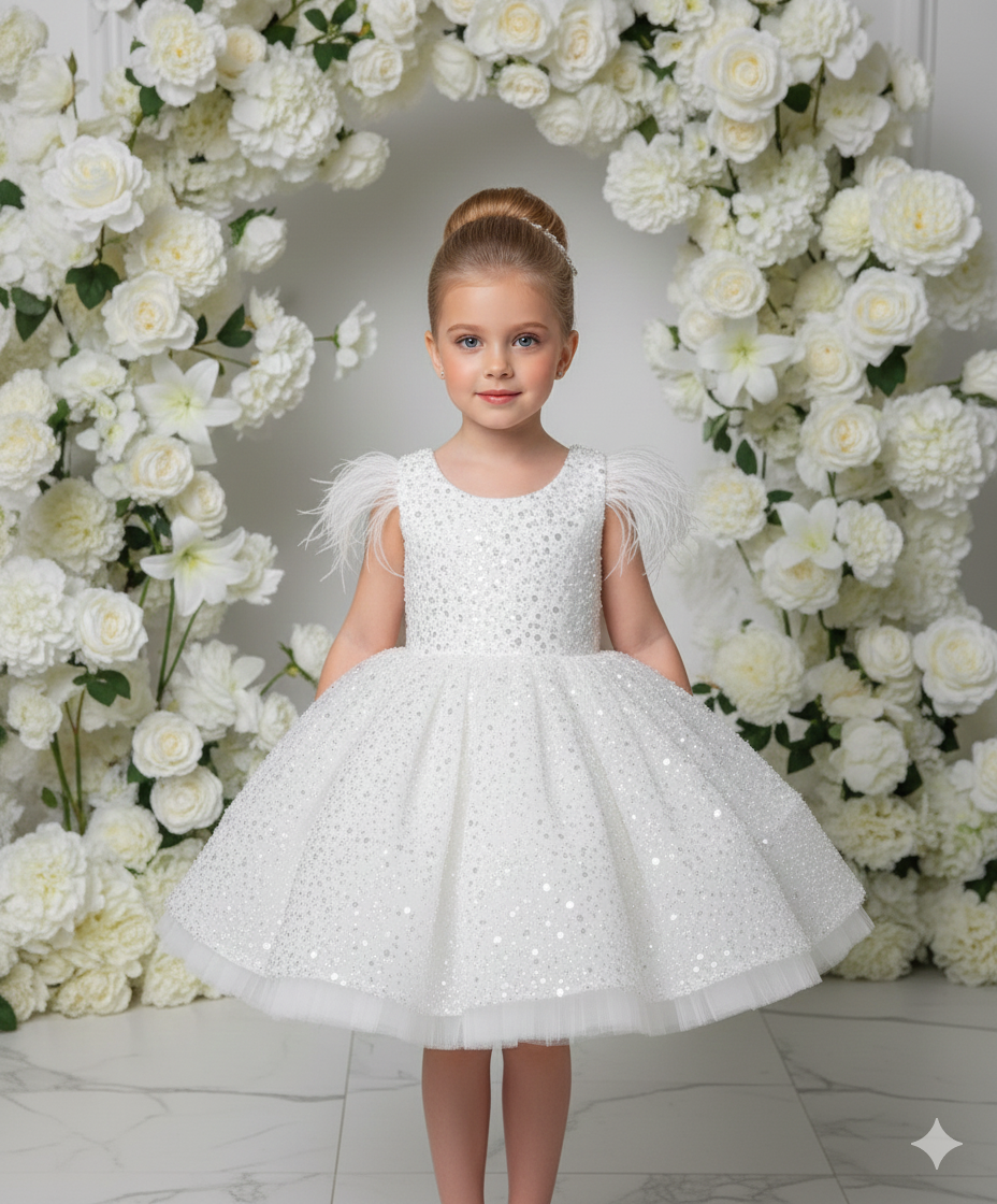 Nicole Elegant White Lace Dress for Girls – Pearl &amp; Sequin Embroidery with Natural Feather Accentsle