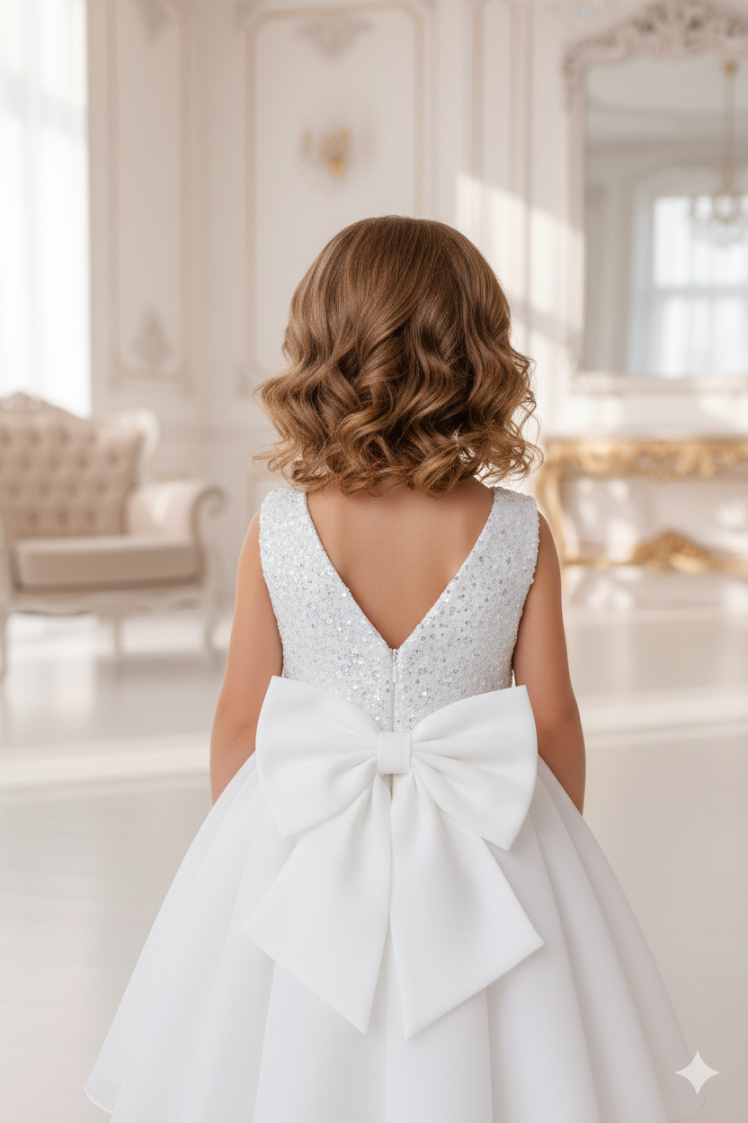 Agnes Elegant White Ceremony Dress – Lace Bodice with Pearls and Organza Skirt