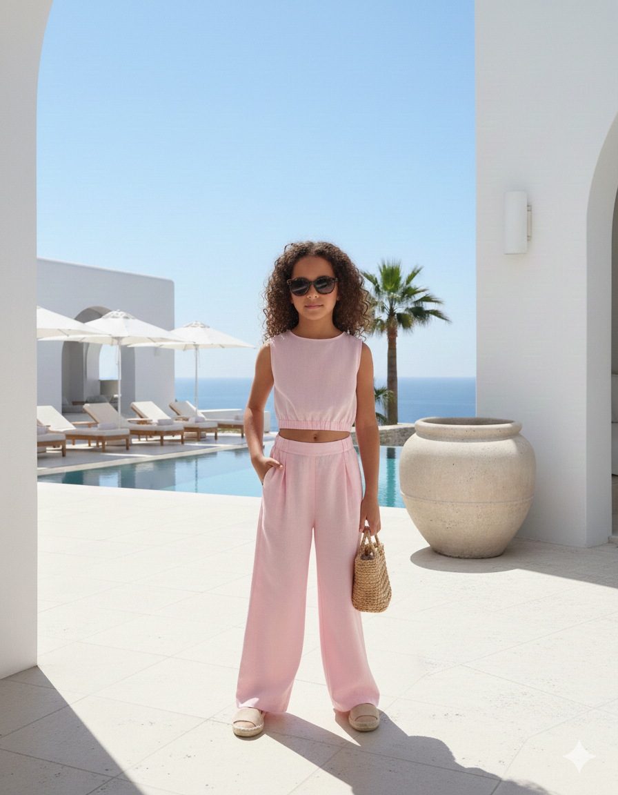 Fatima Light Blue Linen Set for Girls – Flared Trousers and Elegant Blouse