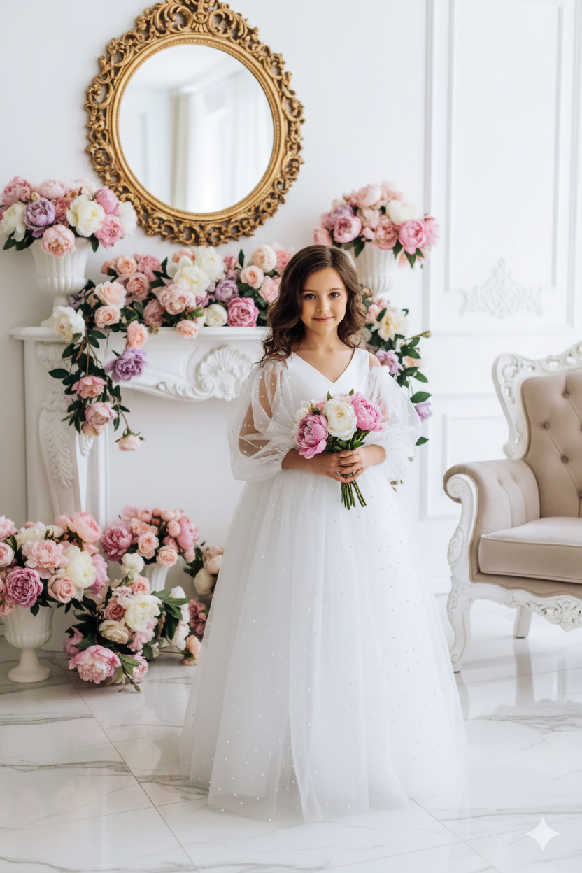 Saraia Elegant White Maxi Gown – Premium Taffeta and Pearl-Encrusted Tulle