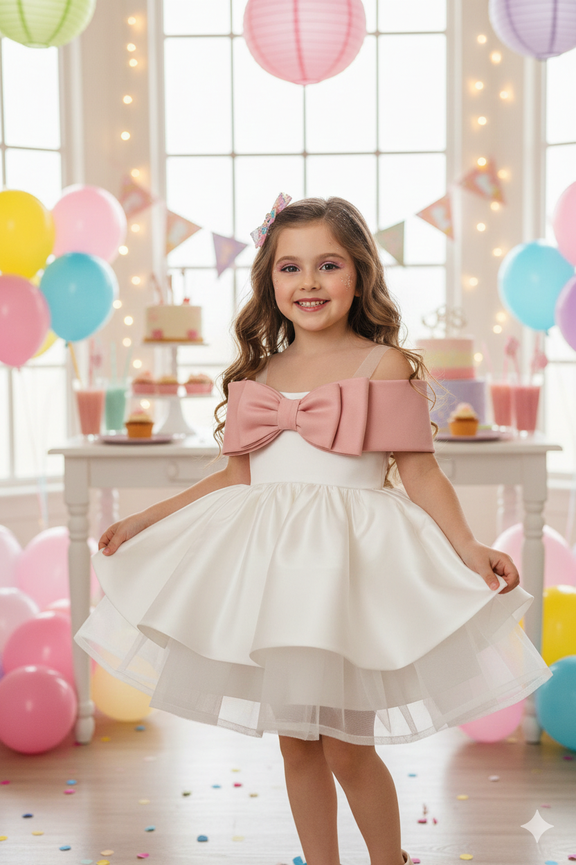 Norah Elegant White Gown – Premium Taffeta &amp; Tulle with Contrast Pink Shoulder Bow