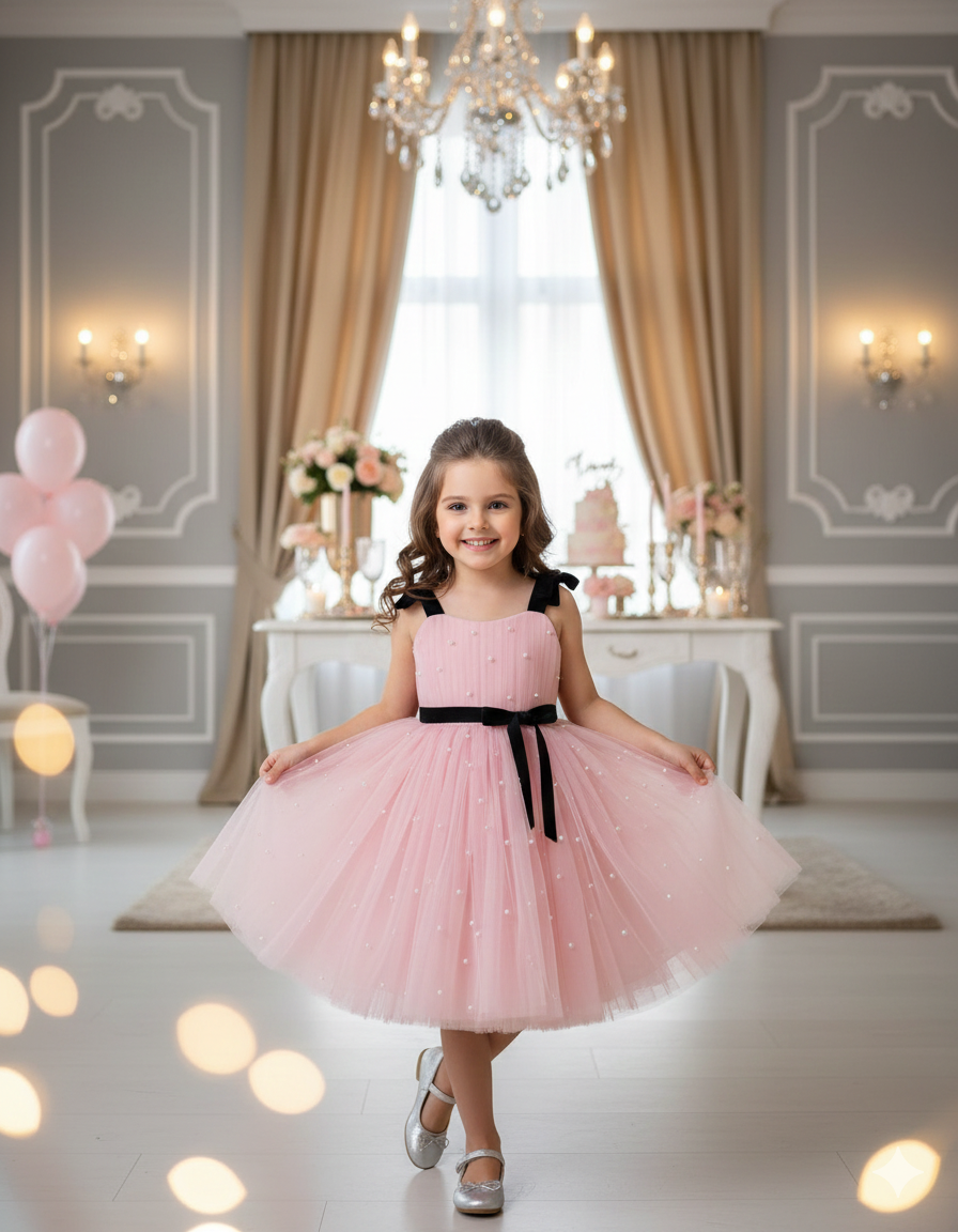 Carolina Elegant Pink Pearl Tulle Gown – Featuring Black Velvet Accents and Tulle Bows
