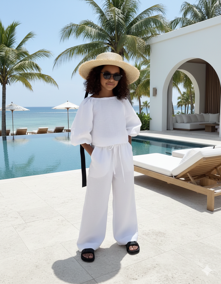 Isla Elegant White Linen Set for Girls – Flared Trousers and Chic Blouse