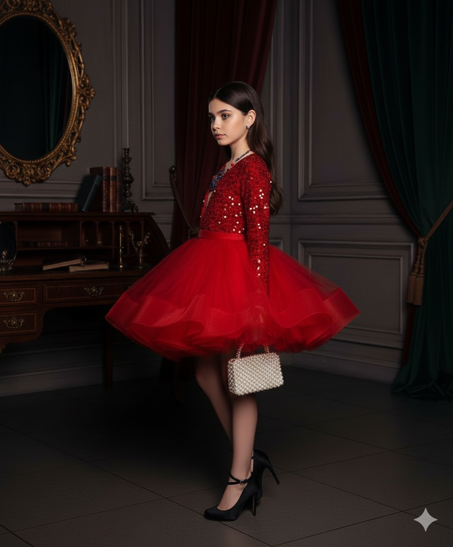 Doria Elegant Red Occasion Dress for Girls – Sequin Velvet and Layered Tulle