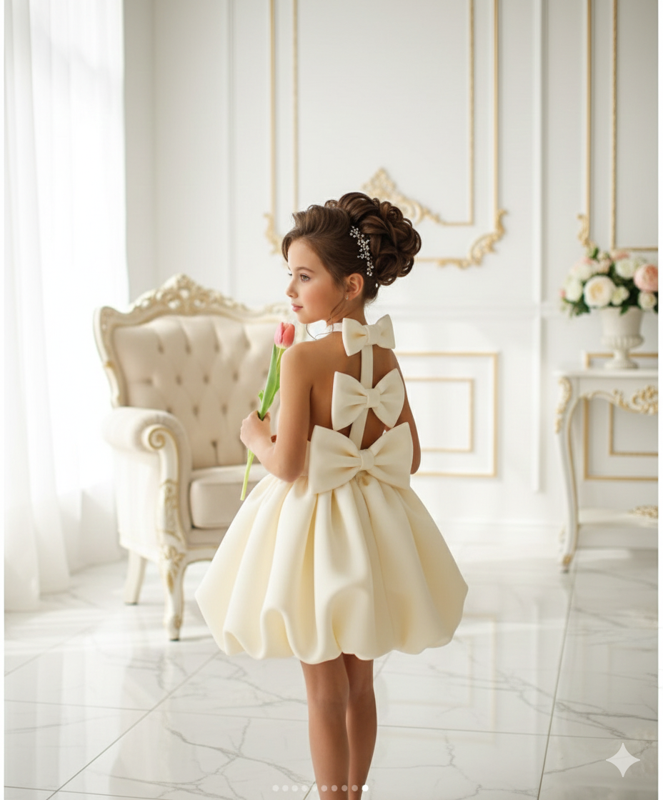 Dahlia Elegant White Structured Dress – Neoprene Fabric with Signature Bow Accents
