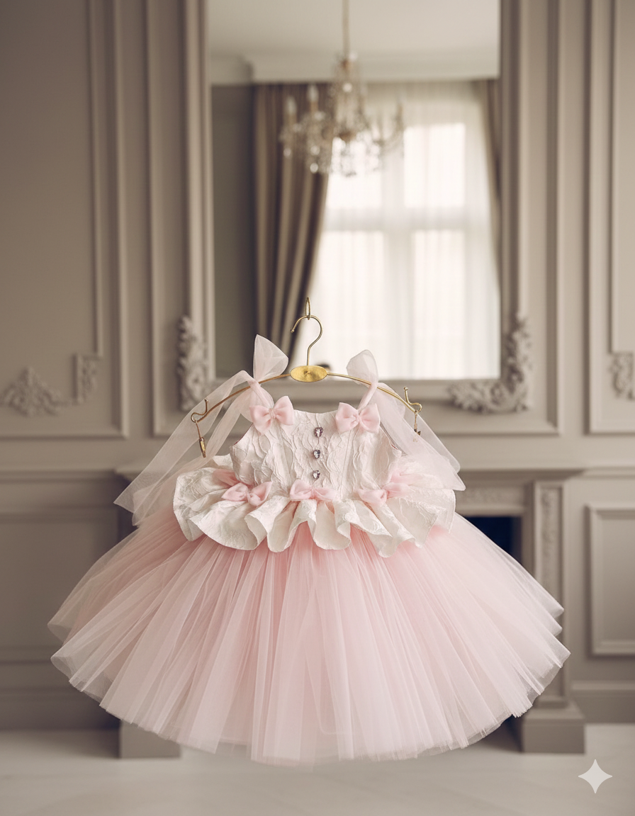 Lilibet Elegant Pink & White Gown – Luxurious White Brocade with Airy Tulle Skirt and Bow Straps