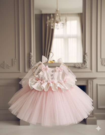Lilibet Elegant Pink &amp; White Gown – Luxurious White Brocade with Airy Tulle Skirt and Bow Straps
