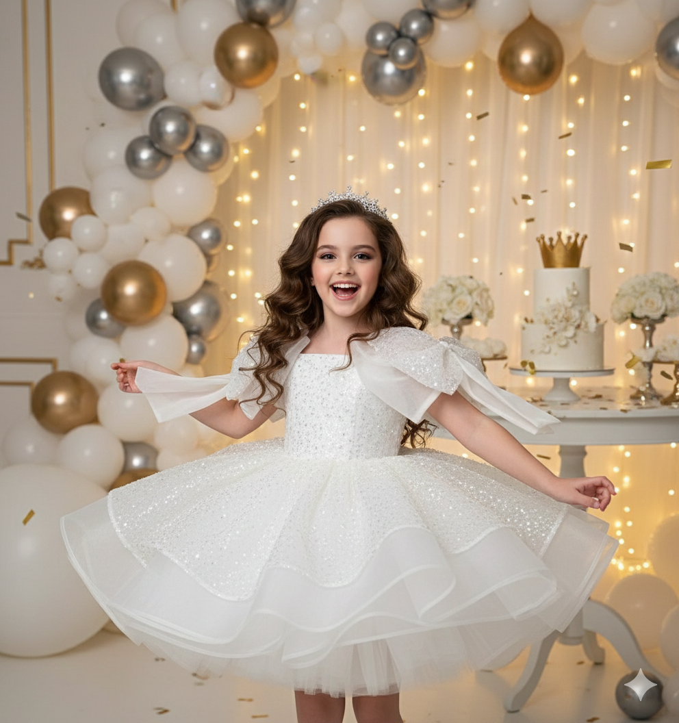Miriam Elegant Blue Lace Dress for Girls – Pearl &amp; Sequin Embroidery with Statement Shoulder Bows