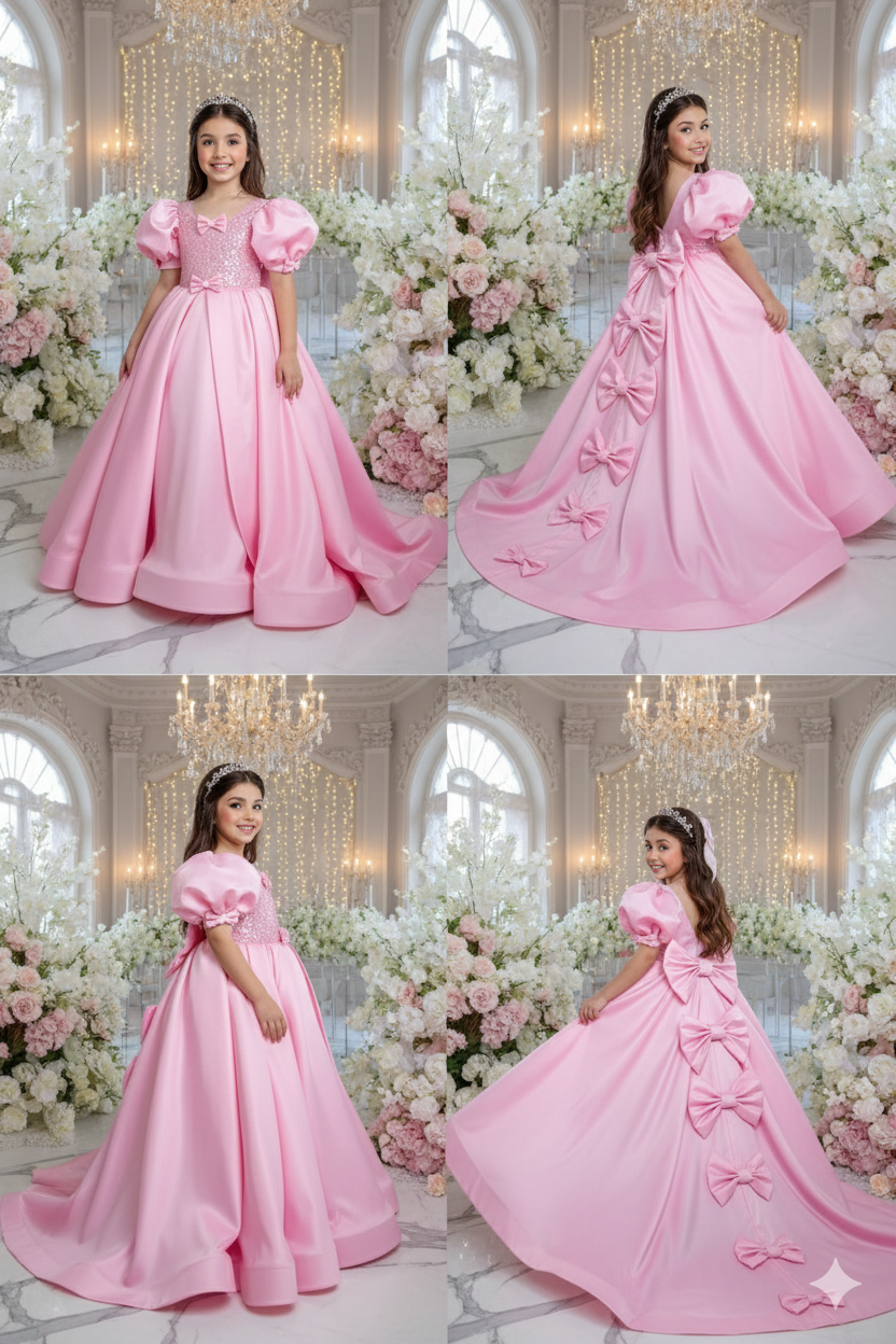 Adelaida Elegant Pink Long Gown with Train – Taffeta and Voluminous Tulle with Signature Bows