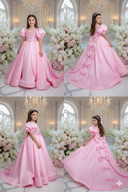 Adelaida Elegant Pink Long Gown with Train – Taffeta and Voluminous Tulle with Signature Bows