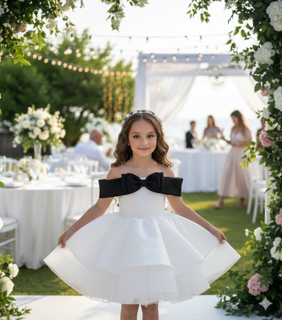 Norah Elegant White Gown – Premium Taffeta &amp; Tulle with Contrast Pink Shoulder Bow