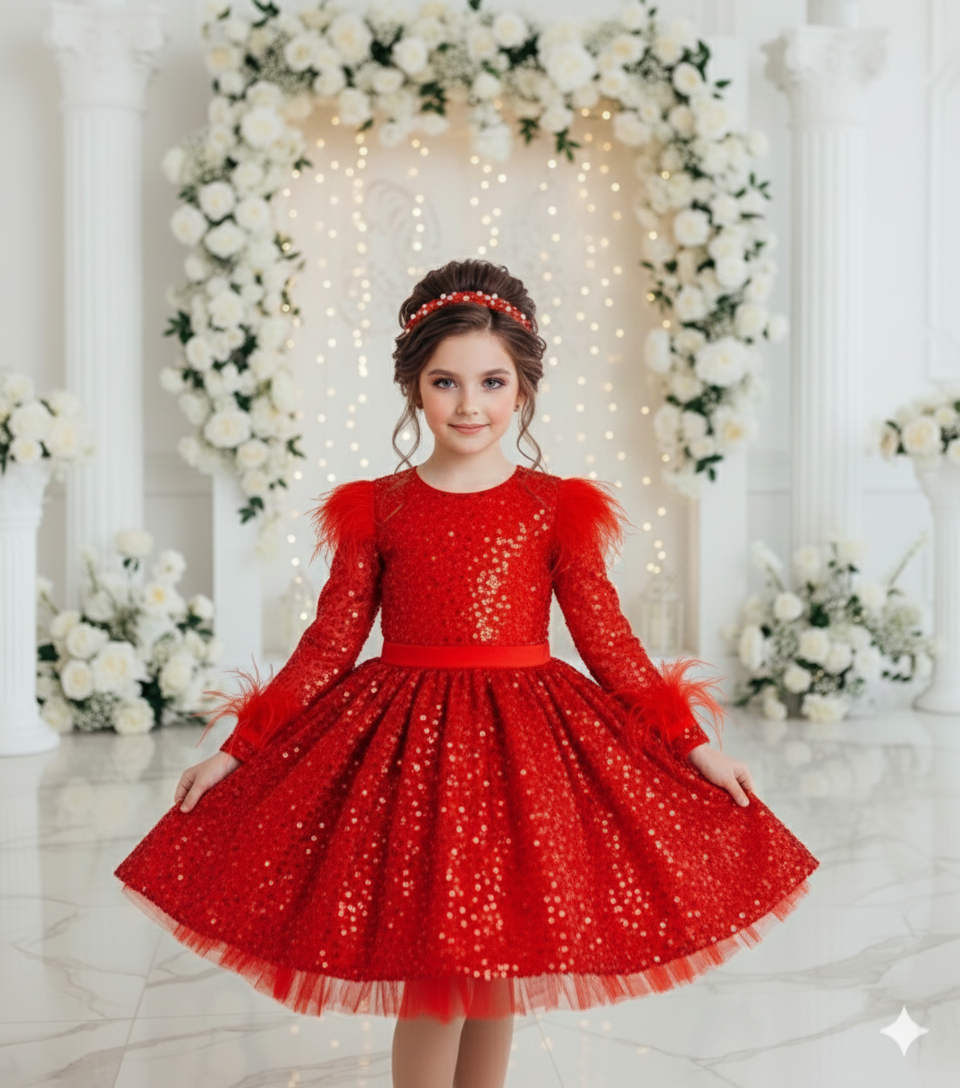 Sierra Elegant Red Gown – Pearl &amp; Sequin Embroidered Lace with Natural Feather Shoulder Accentsierra