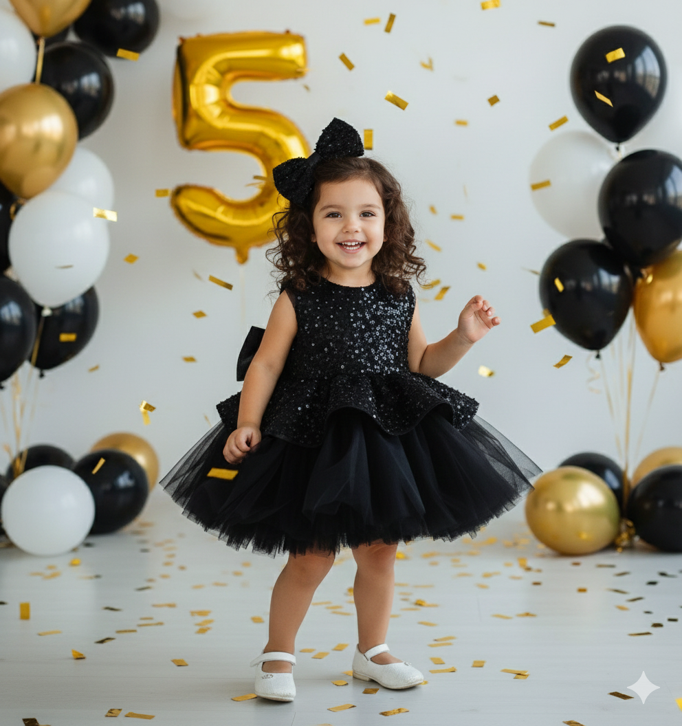 Candy Elegant Black Lace Dress for Girls – Pearl, Sequin, and Tulle Ruffle Details