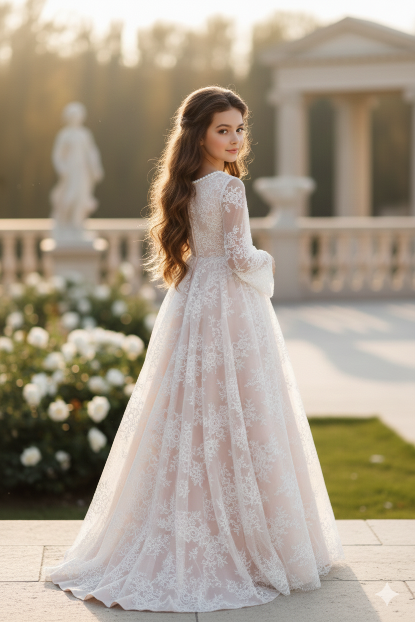 Serena Long Elegant Gown for Girls – Nude Taffeta and White Chantilly Lace