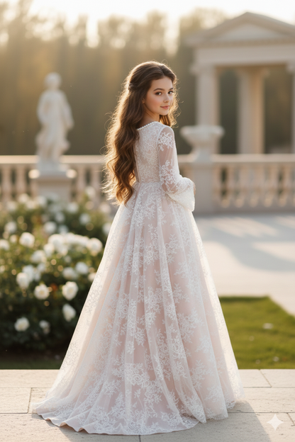 Serena Long Elegant Gown for Girls – Nude Taffeta and White Chantilly Lace