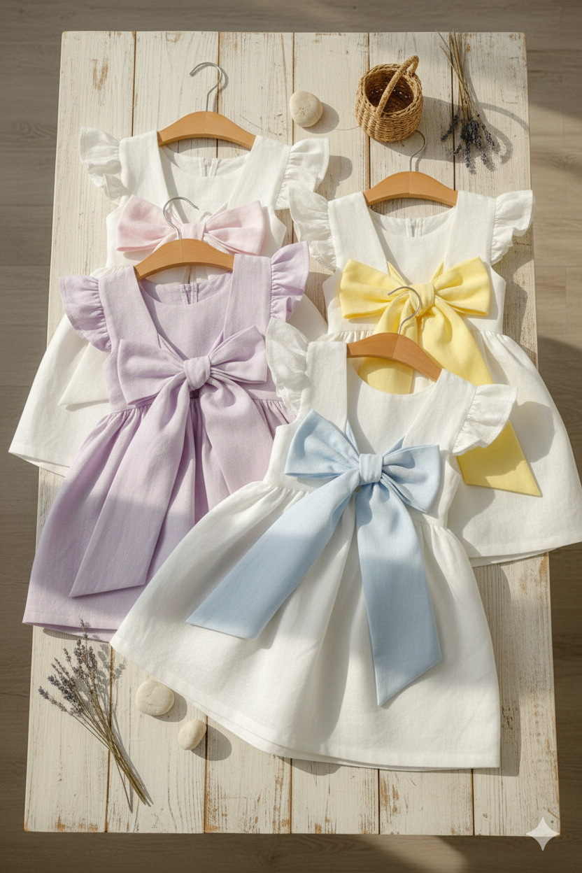 Summer White Linen Dress for Girls – Customizable Colorful Linen Bow