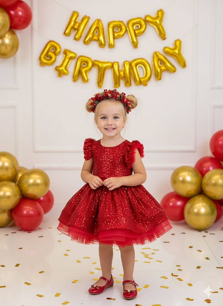 Kiara Elegant Radiant Red Gown – Sparkling Sequins and Voluminous Tulle Skirt