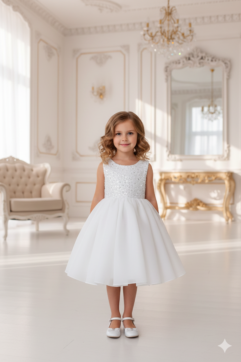 Agnes Elegant White Ceremony Dress – Lace Bodice with Pearls and Organza Skirt