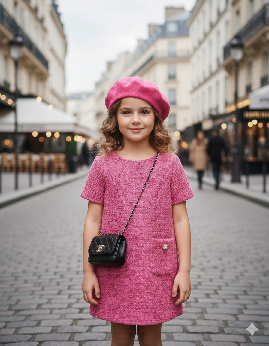 Fathia Elegant Pink Tweed Dress for Girls – Chic Design with Pocket Accents