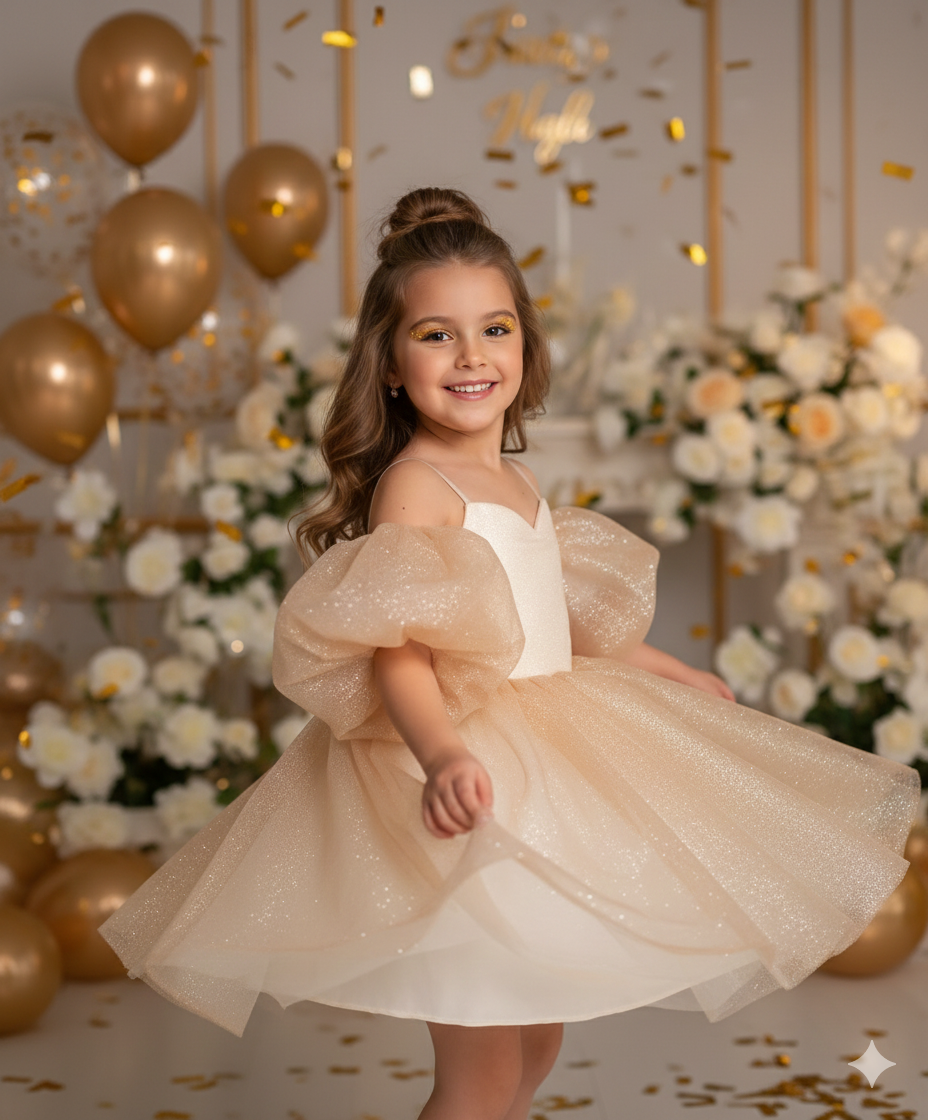 Eloise Elegant Golden Gown – Shimmering Glitter Tulle with Dramatic Puffy Sleeves