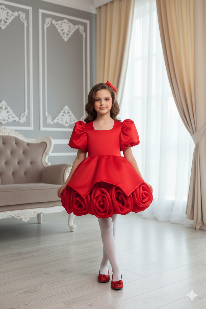 Annabelle Elegant Red Taffeta Dress for Girls – Accented with Handmade Organza Flowers