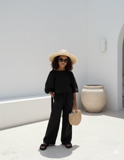 Isla Elegant Black Linen Set for Girls – Flared Trousers and Chic Blouse