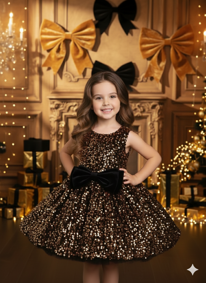 Millie Elegant Gold &amp; Black Sequin Gown – Luxurious Velvet Base with Signature Velvet Bow