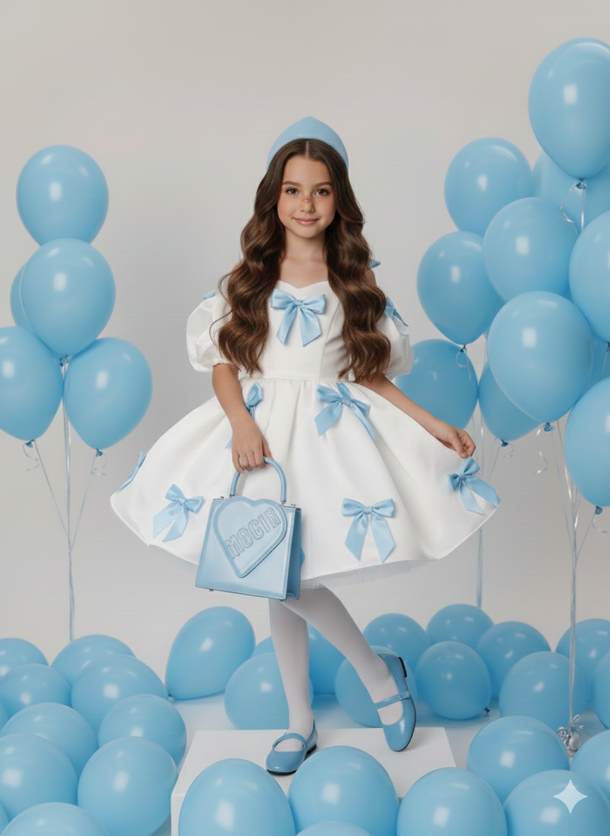 Berta Elegant White Gown for Girls – Premium Taffeta with Soft Pink Bow Accents