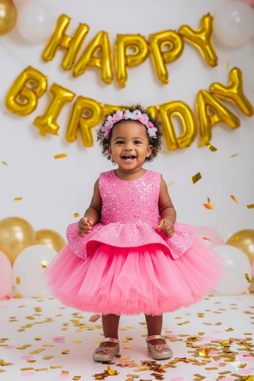 Candy Elegant Pink Lace Dress for Girls – Pearl, Sequin, and Tulle Ruffle Details