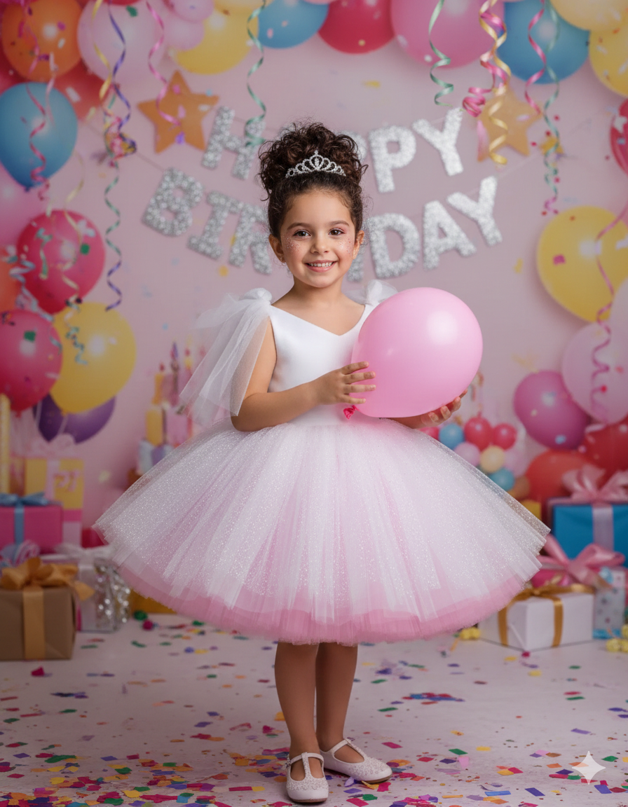 Jenna Elegant Pink &amp; Glitter Gown – Shimmering White Glitter Tulle with Pink Accents and Shoulder Bows