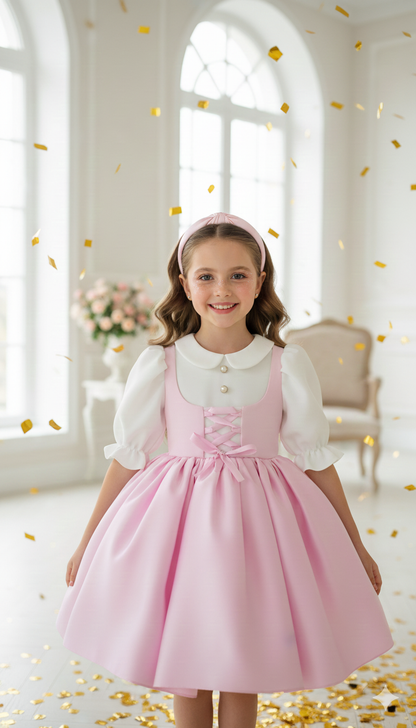 Adelina Vintage Pink and White Structured Dress for Girls – Classic Boutique Style