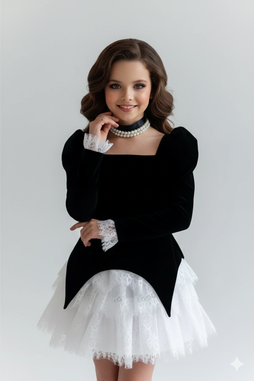 Elia Elegant Black Velvet and White Chantilly Lace Dress for Girls