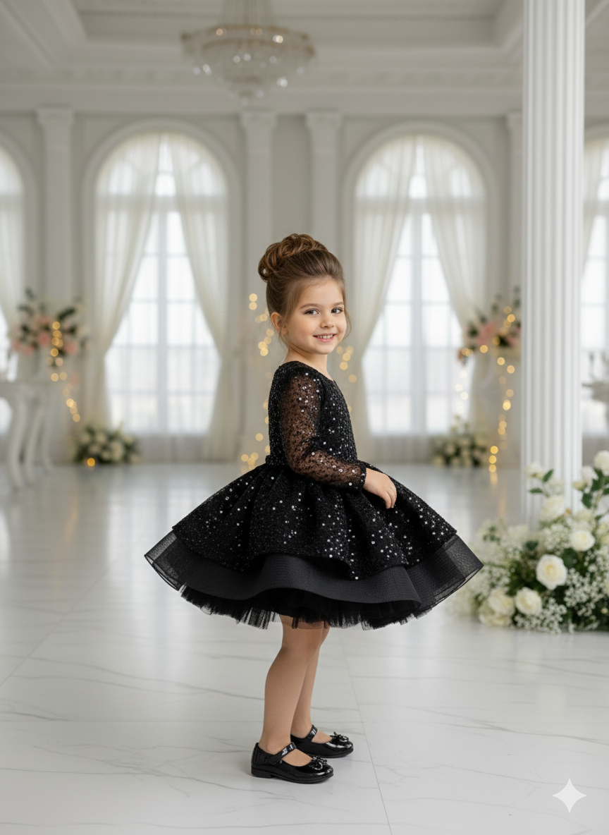 Julieta Elegant Black Gown – Long-Sleeved Black Lace Embroidered with Pearls and Sequins