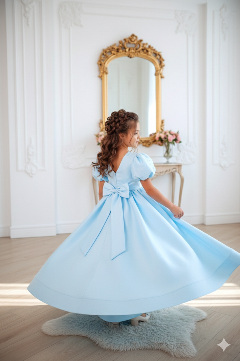 Helen Elegant Sky Blue Maxi Gown – Premium Taffeta with Signature Statement Back Bow