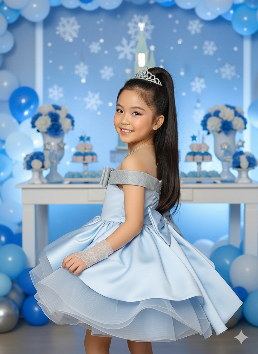 Elsa Elegant Sky Blue Gown – Premium Taffeta with Shimmering Silver Statement Bow