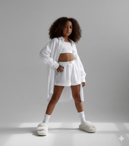 Defne Light Blue Muslin Casual Set for Girls – Oversize Shirt and Shorts