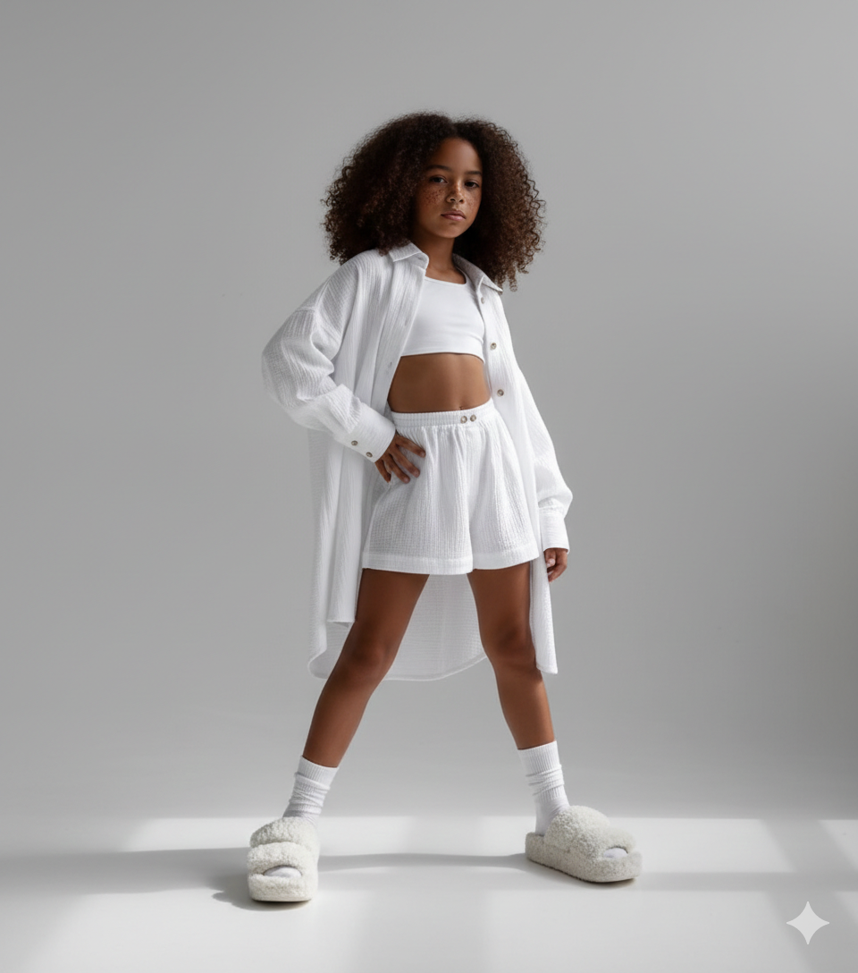 Defne Pink Muslin Casual Set for Girls – Oversize Shirt and Shorts