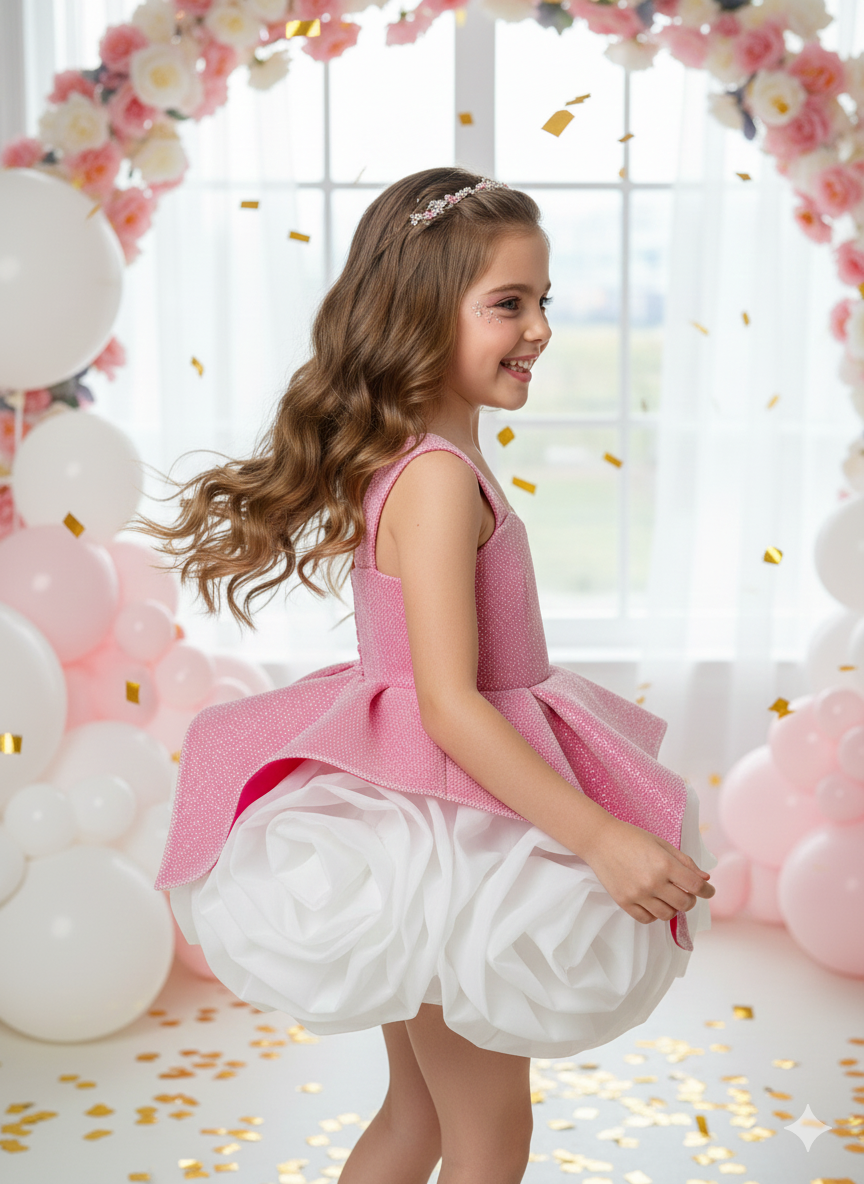 Alia Elegant Pink &amp; White Gown – Shimmering Glitter Tulle with Artisan Handmade Organza Flowers