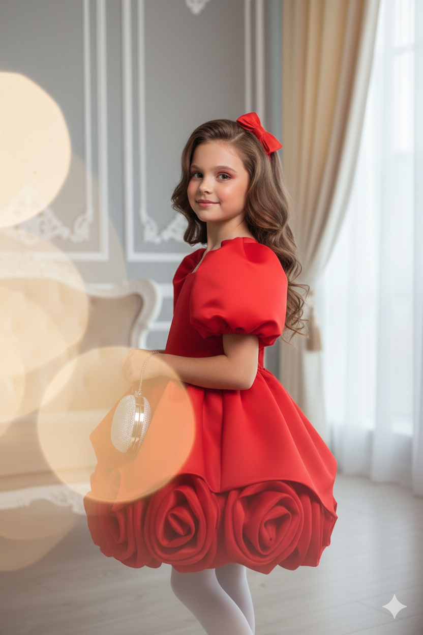 Annabelle Elegant Blue Taffeta Dress for Girls – Accented with Handmade Organza Flowers