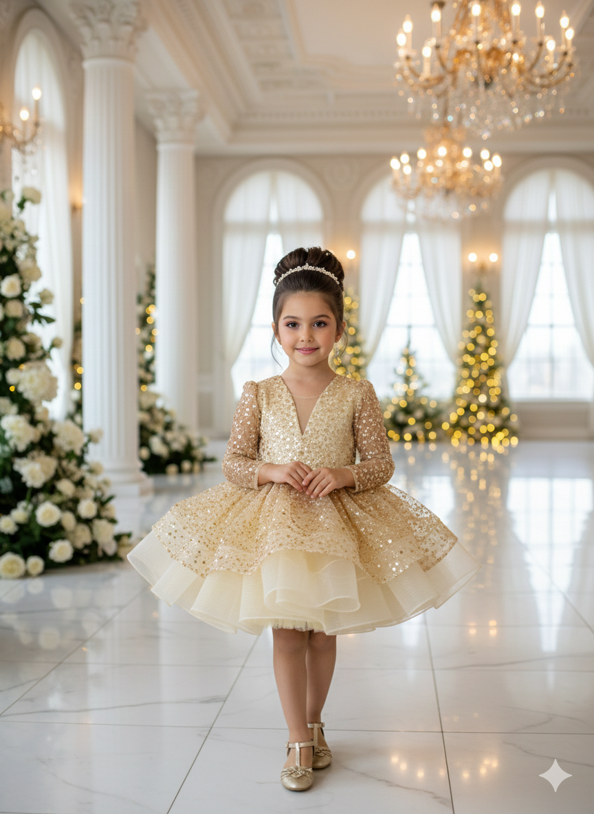 Julieta Elegant Golden Gown – Long-Sleeved Lace Embroidered with Pearls and Sequins