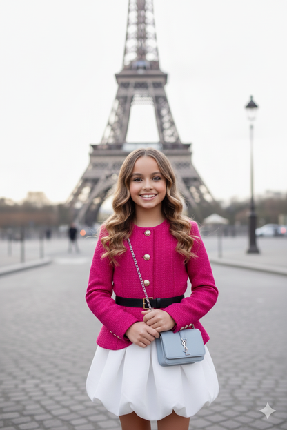 Sierra Elegant Tweed &amp; Sequin Jacket with White Skirt Set for Girls